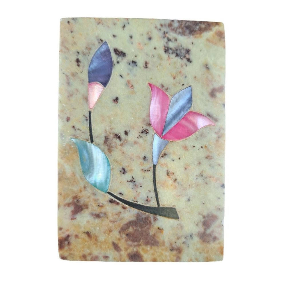 Paperweight Floral Stone Inlay Iridescent Decor Soapstone Mother Pearl Vintage